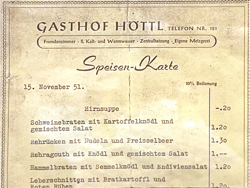 Frühere Höttl-Speisekarte vom 15. November 1951